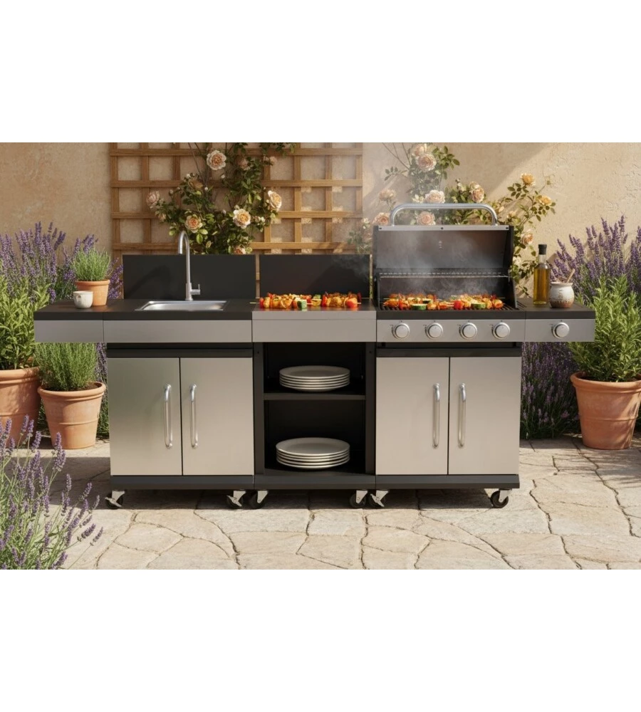 CUCINA DA ESTERNO RIVIERA "ARTEMISIA" CON BARBECUE A GAS 4 FUOCHI 235X46X118 CM