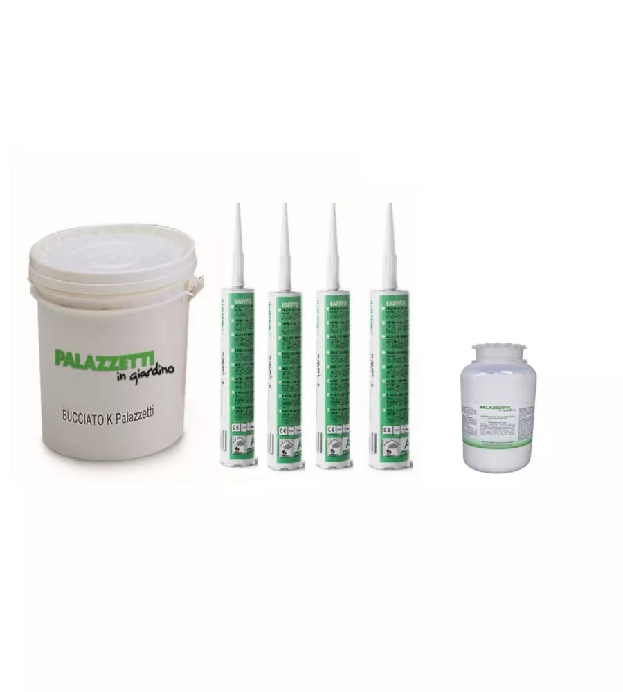 KIT MONTAGGIO BARBECUE IN CEMENTO PALAZZETTI PITTURA AL QUARZO 10 KG, PROTETTITVO IDROREPELLENTE 250 ML E COLLANTE EASYFIX 4 PEZZI