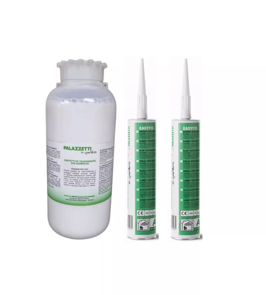 KIT MONTAGGIO BARBECUE IN CEMENTO PALAZZETTI PROTETTIVO IDROFUGO 1 L E COLLANTE EASYFIX 2 PEZZI