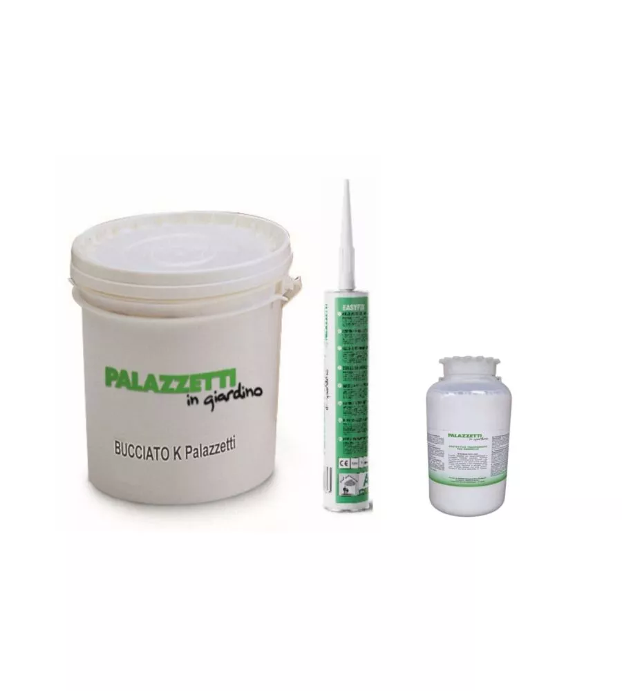 KIT MONTAGGIO PER BARBECUE IN CEMENTO PALAZZETTI PITTURA AL QUARZO 5 KG, LIQUIDO IDROREPELLENTE 250 ML E COLLANTE EASY FIX 1 PEZZO