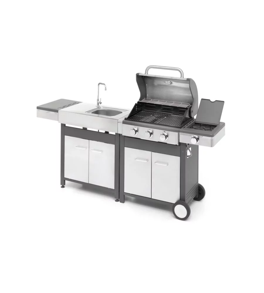 CUCINA DA ESTERNO MODULARE OMPAGRILL "INDIAN" IN ACCIAIO INOX CON BARBECUE INDIANAPOLIS 4/B E LAVELLO