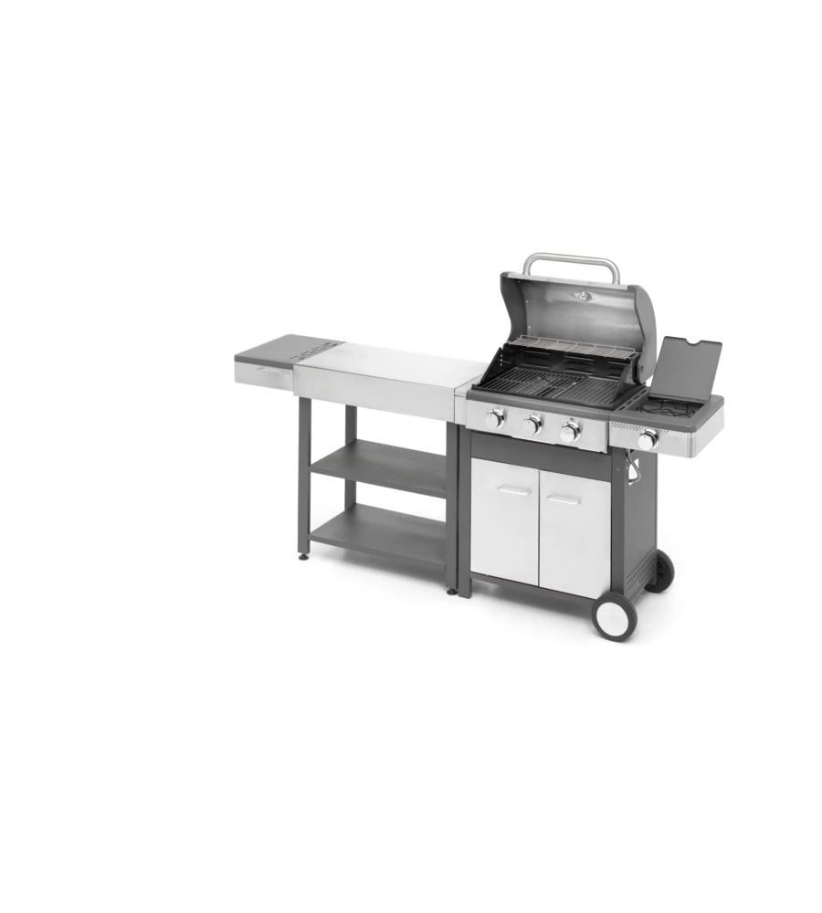 CUCINA DA ESTERNO MODULARE OMPAGRILL "INDIAN" IN ACCIAIO INOX CON BARBECUE INDIANAPOLIS 4/B E TAVOLO