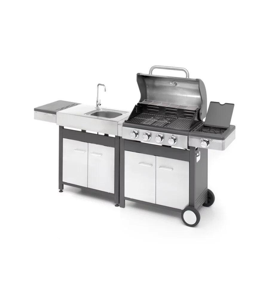 CUCINA DA ESTERNO MODULARE OMPAGRILL "INDIAN" IN ACCIAIO INOX CON BARBECUE INDIANAPOLIS 5/B E LAVELLO