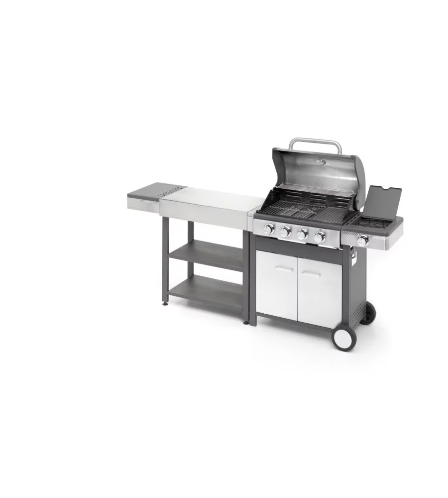 CUCINA DA ESTERNO MODULARE OMPAGRILL "INDIAN" IN ACCIAIO INOX CON BARBECUE INDIANAPOLIS 5/B E TAVOLO