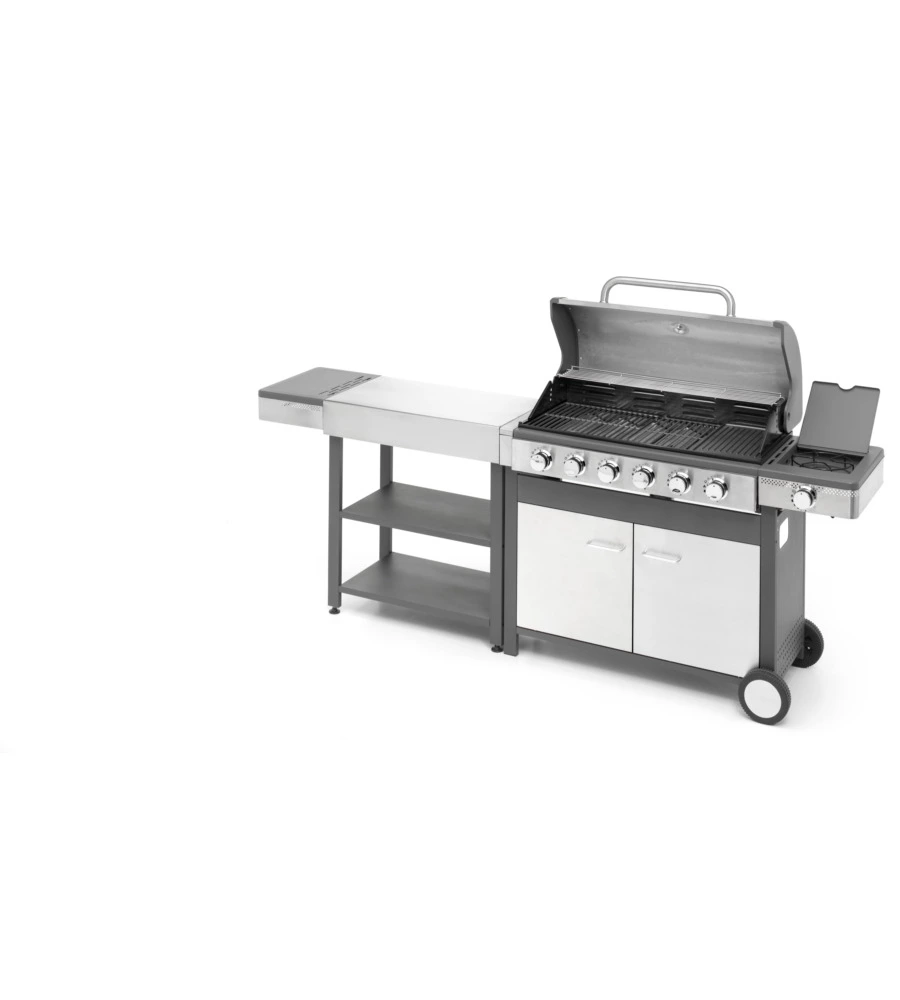 CUCINA DA ESTERNO MODULARE OMPAGRILL "INDIAN" IN ACCIAIO INOX CON BARBECUE INDIANAPOLIS 7/B E TAVOLO