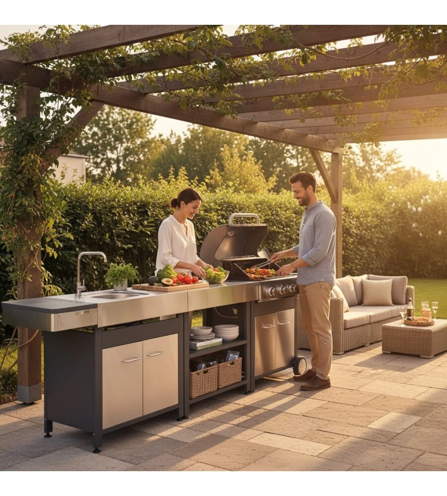 CUCINA DA ESTERNO MODULARE OMPAGRILL "INDIAN" IN ACCIAIO INOX CON BARBECUE INDIANAPOLIS 4/B, LAVELLO E TAVOLO