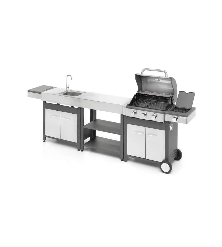 CUCINA DA ESTERNO MODULARE OMPAGRILL "INDIAN" IN ACCIAIO INOX CON BARBECUE INDIANAPOLIS 4/B, LAVELLO E TAVOLO