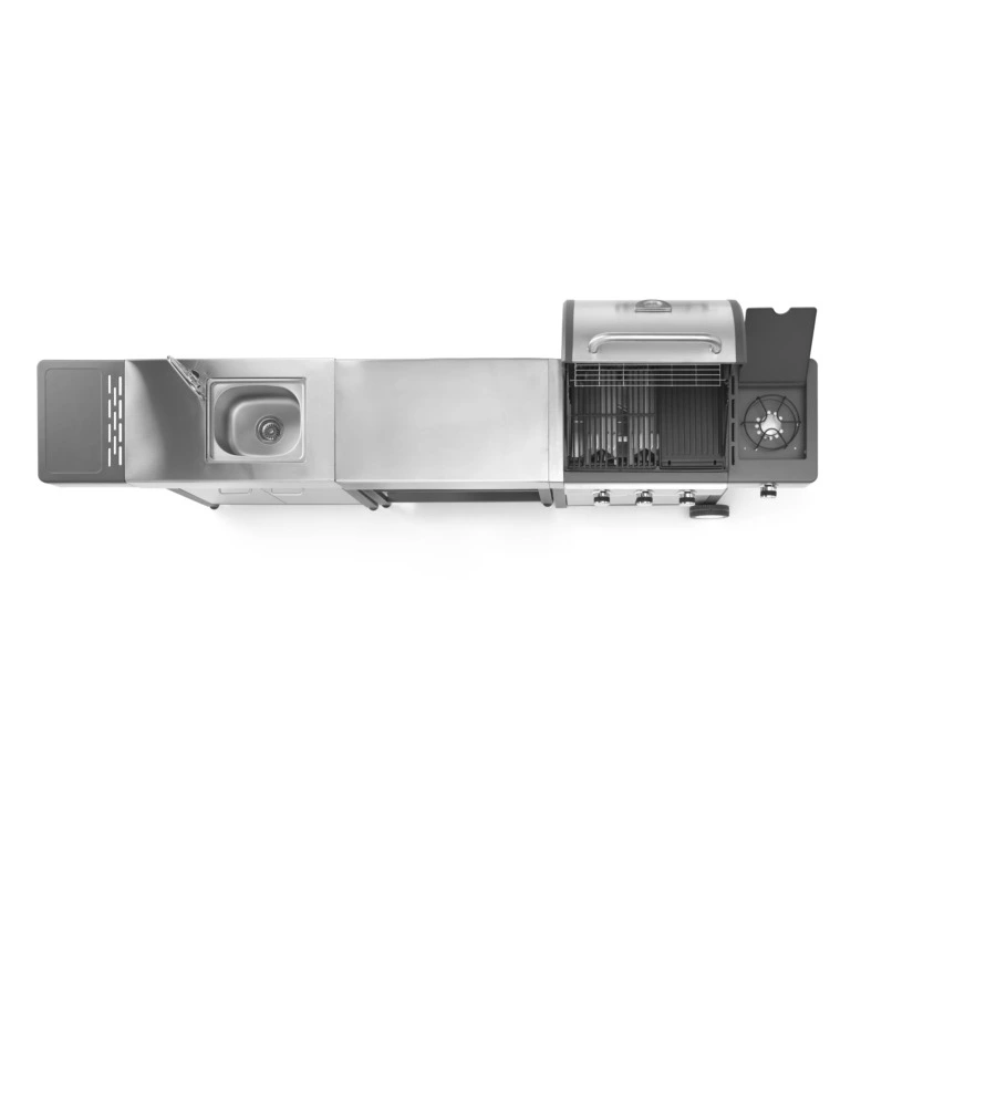 CUCINA DA ESTERNO MODULARE OMPAGRILL "INDIAN" IN ACCIAIO INOX CON BARBECUE INDIANAPOLIS 4/B, LAVELLO E TAVOLO