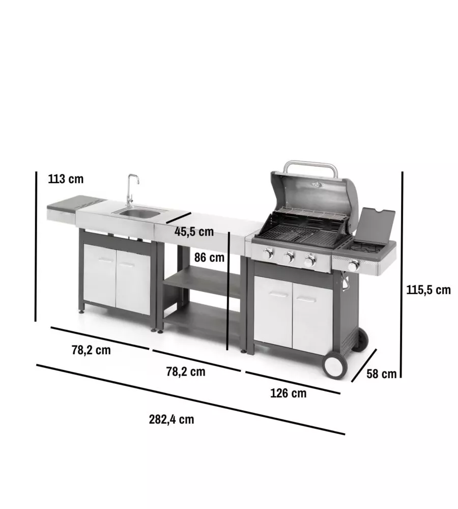 CUCINA DA ESTERNO MODULARE OMPAGRILL "INDIAN" IN ACCIAIO INOX CON BARBECUE INDIANAPOLIS 4/B, LAVELLO E TAVOLO