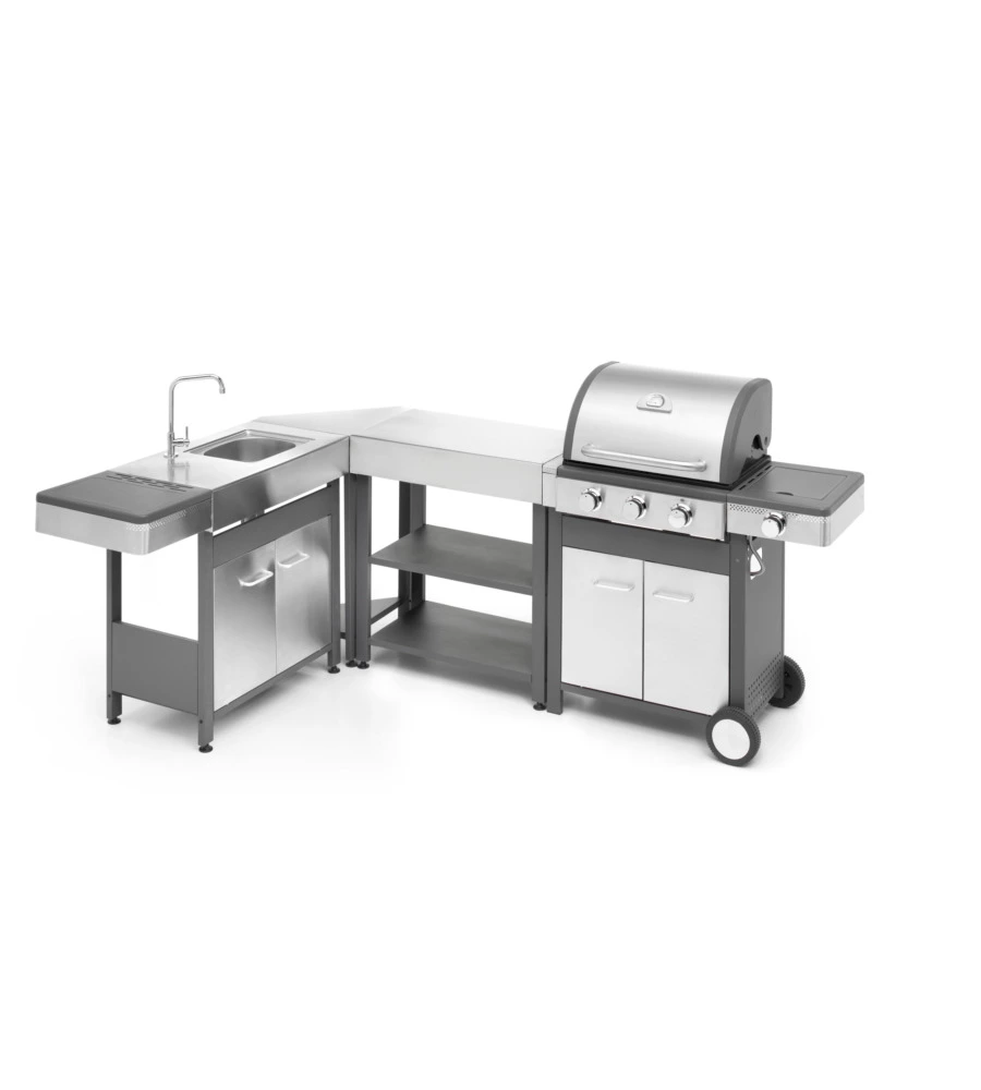 CUCINA DA ESTERNO MODULARE OMPAGRILL "INDIAN" IN ACCIAIO INOX CON BARBECUE INDIANAPOLIS 4/B, LAVELLO, TAVOLO E CORNER