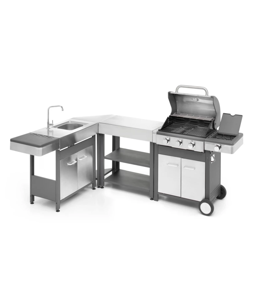 CUCINA DA ESTERNO MODULARE OMPAGRILL "INDIAN" IN ACCIAIO INOX CON BARBECUE INDIANAPOLIS 4/B, LAVELLO, TAVOLO E CORNER