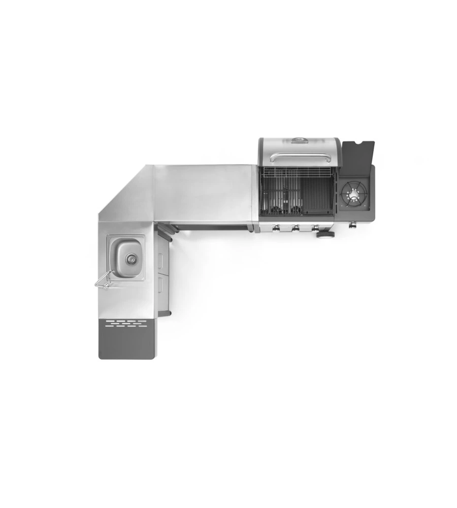 CUCINA DA ESTERNO MODULARE OMPAGRILL "INDIAN" IN ACCIAIO INOX CON BARBECUE INDIANAPOLIS 4/B, LAVELLO, TAVOLO E CORNER