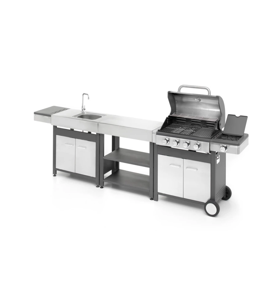 CUCINA DA ESTERNO MODULARE OMPAGRILL "INDIAN" IN ACCIAIO INOX CON BARBECUE INDIANAPOLIS 5/B, LAVELLO E TAVOLO
