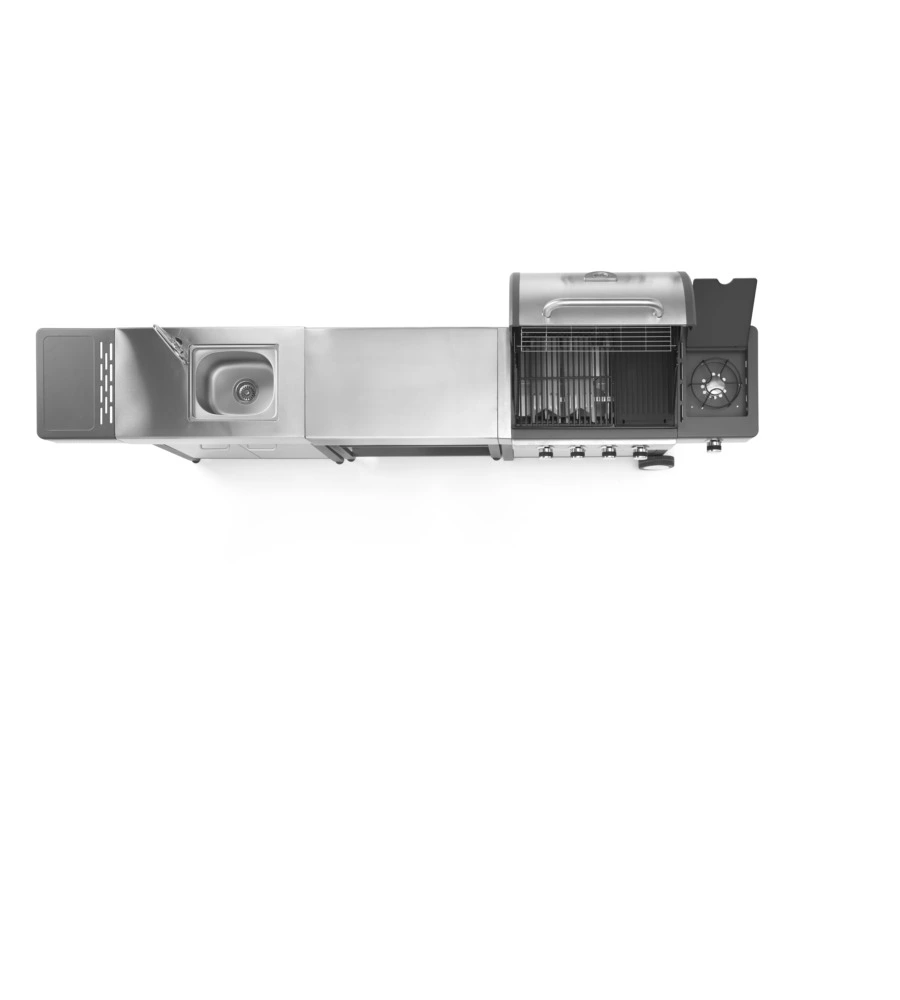 CUCINA DA ESTERNO MODULARE OMPAGRILL "INDIAN" IN ACCIAIO INOX CON BARBECUE INDIANAPOLIS 5/B, LAVELLO E TAVOLO