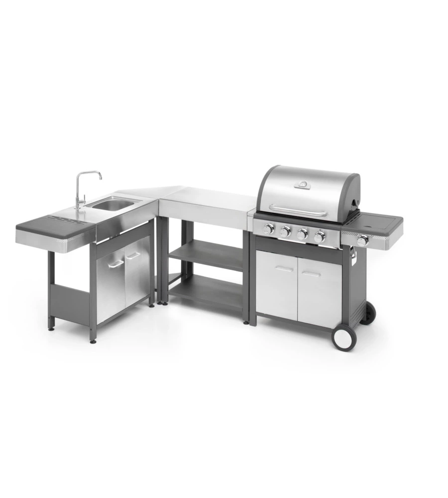 CUCINA DA ESTERNO MODULARE OMPAGRILL "INDIAN" IN ACCIAIO INOX CON BARBECUE INDIANAPOLIS 5/B, LAVELLO, TAVOLO E CORNER