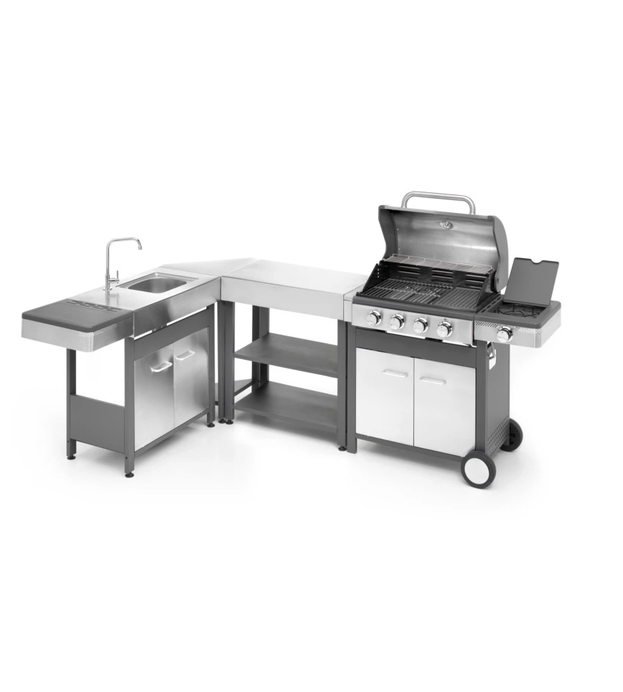 CUCINA DA ESTERNO MODULARE OMPAGRILL "INDIAN" IN ACCIAIO INOX CON BARBECUE INDIANAPOLIS 5/B, LAVELLO, TAVOLO E CORNER