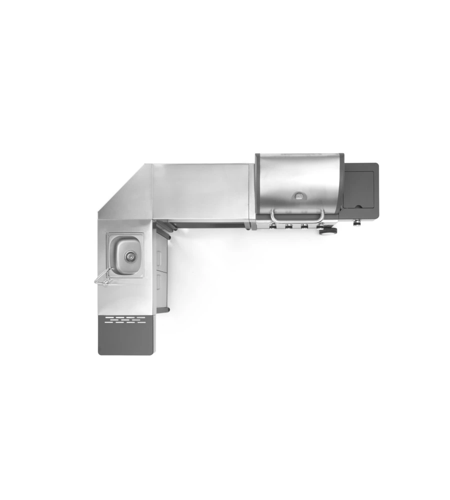 CUCINA DA ESTERNO MODULARE OMPAGRILL "INDIAN" IN ACCIAIO INOX CON BARBECUE INDIANAPOLIS 5/B, LAVELLO, TAVOLO E CORNER