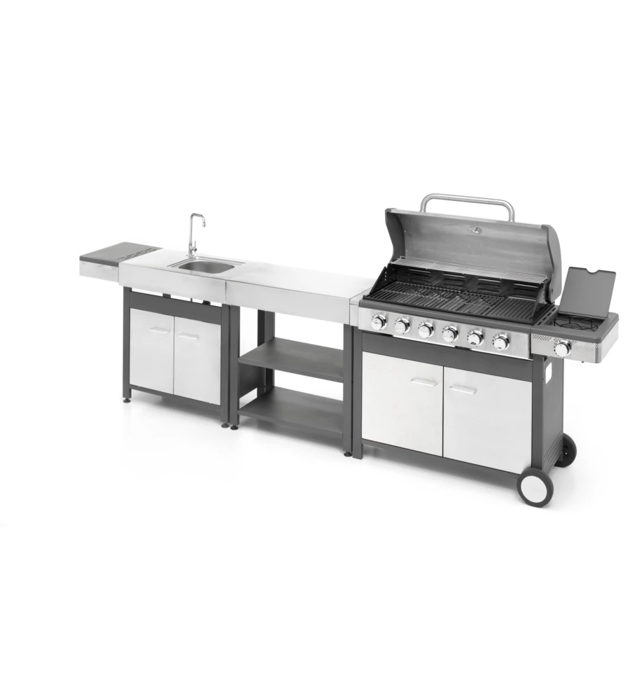 CUCINA DA ESTERNO MODULARE OMPAGRILL "INDIAN" IN ACCIAIO INOX CON BARBECUE INDIANAPOLIS 7/B, LAVELLO E TAVOLO