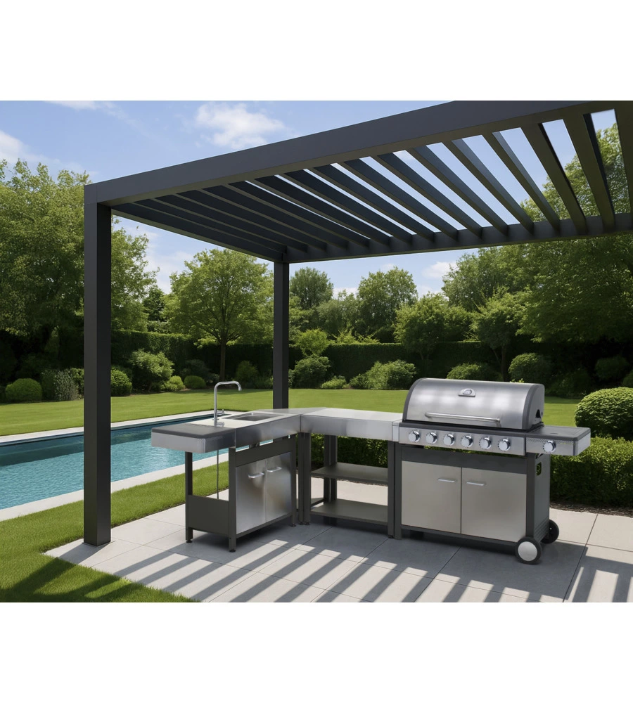 CUCINA DA ESTERNO MODULARE OMPAGRILL "INDIAN" IN ACCIAIO INOX CON BARBECUE INDIANAPOLIS 7/B, LAVELLO, TAVOLO E CORNER