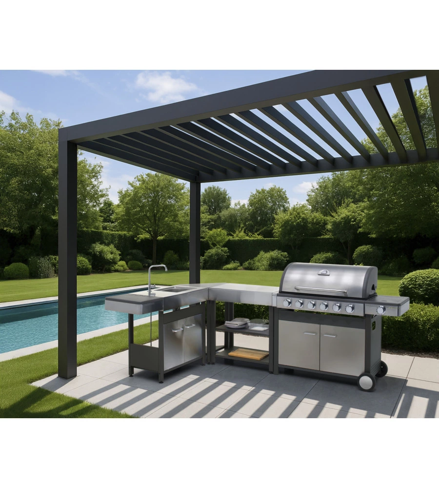 CUCINA DA ESTERNO MODULARE OMPAGRILL "INDIAN" IN ACCIAIO INOX CON BARBECUE INDIANAPOLIS 7/B, LAVELLO, TAVOLO E CORNER