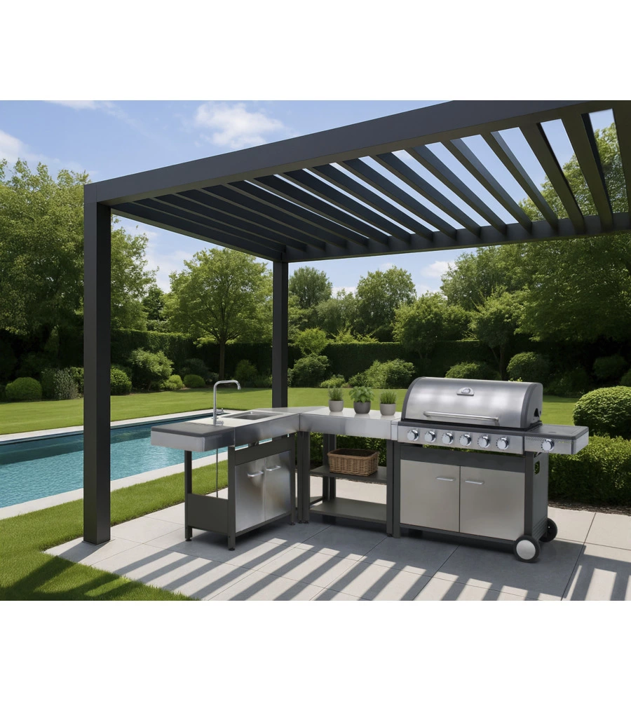 CUCINA DA ESTERNO MODULARE OMPAGRILL "INDIAN" IN ACCIAIO INOX CON BARBECUE INDIANAPOLIS 7/B, LAVELLO, TAVOLO E CORNER