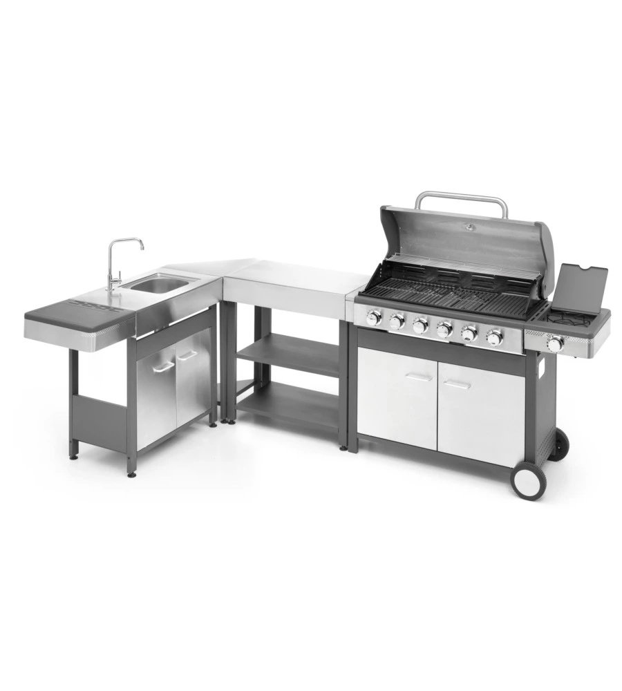 CUCINA DA ESTERNO MODULARE OMPAGRILL "INDIAN" IN ACCIAIO INOX CON BARBECUE INDIANAPOLIS 7/B, LAVELLO, TAVOLO E CORNER