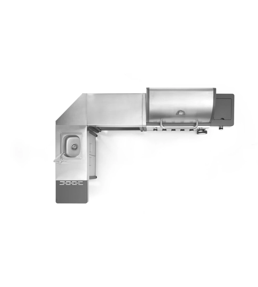 CUCINA DA ESTERNO MODULARE OMPAGRILL "INDIAN" IN ACCIAIO INOX CON BARBECUE INDIANAPOLIS 7/B, LAVELLO, TAVOLO E CORNER