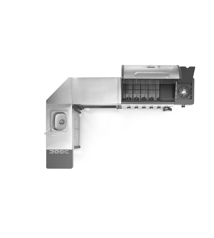 CUCINA DA ESTERNO MODULARE OMPAGRILL "INDIAN" IN ACCIAIO INOX CON BARBECUE INDIANAPOLIS 7/B, LAVELLO, TAVOLO E CORNER