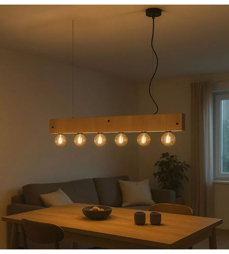 Lampada a sospensione Onli "Argo" lineare legno 6xE27