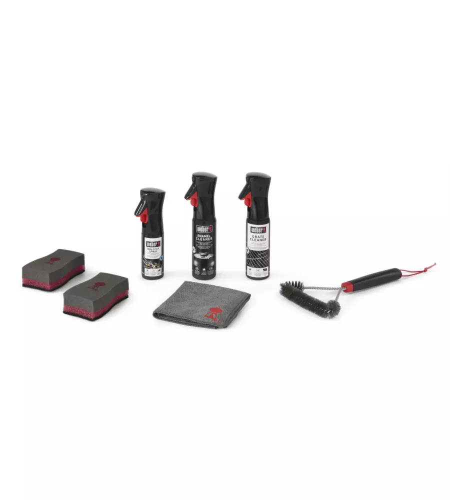 KIT 6 PEZZI DI PULIZIA PER BARBECUE A CARBONE WEBER SPAZZOLA TRIANGOLARE, DETERGENTI, SPUGNA, SPRAY ANTI-ADERENTE E PANNO MICROFIBRA