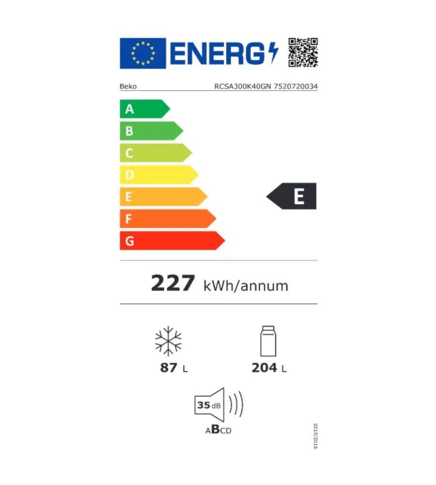 FRIGORIFERO A LIBERA INSTALLAZIONE BEKO "RCSA300K40GN" GRIGIO 291 LT 57,5X60X187 CM CLASSE ENERGETICA E