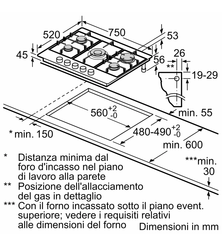 PIANO COTTURA A GAS DA INCASSO BOSCH 5 FUOCHI 75 CM - COD. PGQ7B5K90