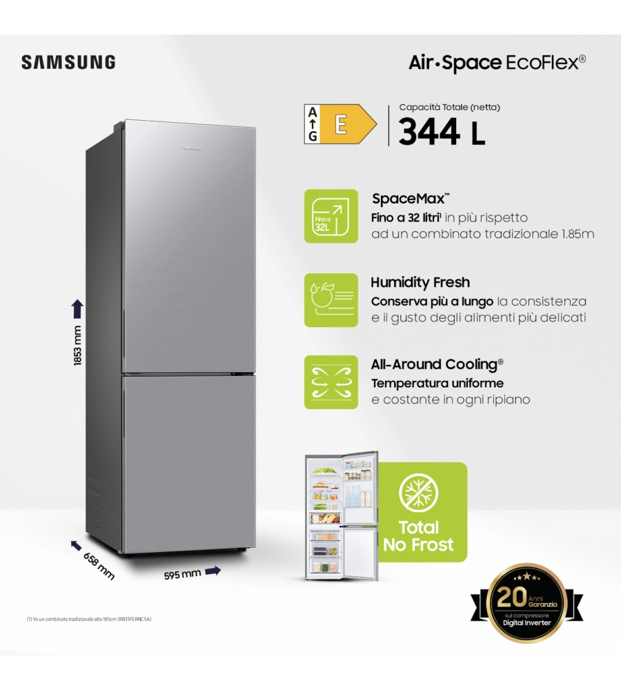 FRIGORIFERO COMBINATO A LIBERA INSTALLAZIONE SAMSUNG "ECOFLEX" GRIGIO 344 LT 59,5X65,8X185,3 CM - COD. RB33B610ESA