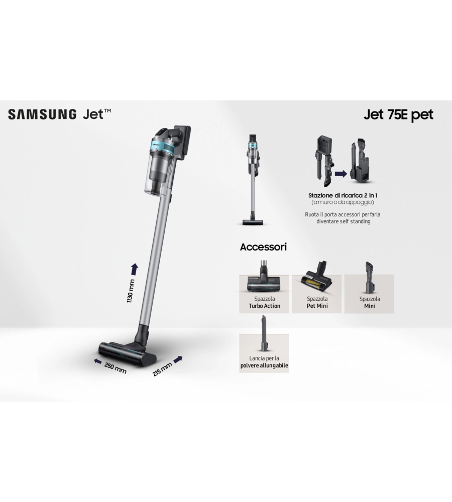 ASPIRAPOLVERE SENZA FILO SAMSUNG "JET 75E PET" 200 W - COD. VS20B75AGR1