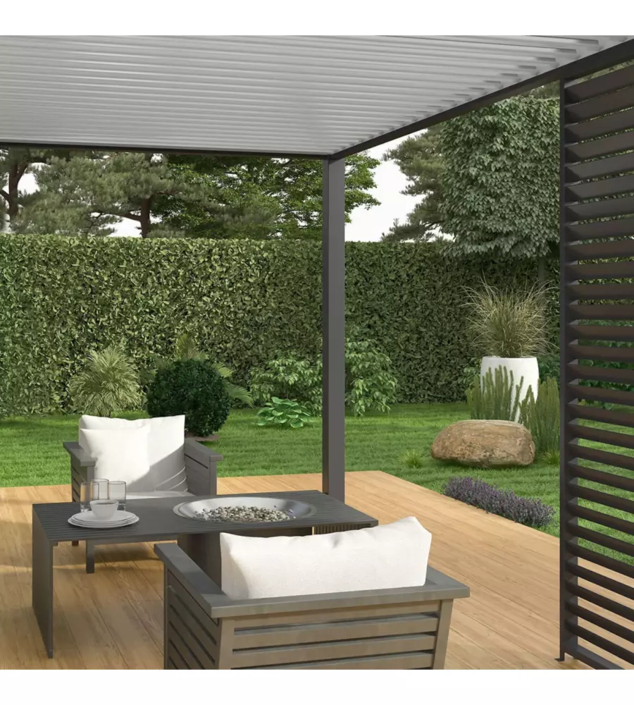 PERGOLA BIOCLIMATICA ADDOSSATA OMBRÉA "VS" IN ALLUMINIO BIANCO E ANTRACITE 397X304X257 CM