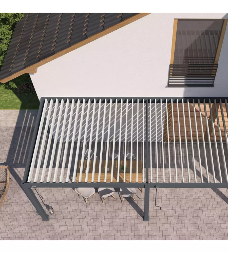 PERGOLA BIOCLIMATICA ADDOSSATA OMBRÉA "VS"  IN ALLUMINIO BIANCO E ANTRACITE 596X303X257 CM