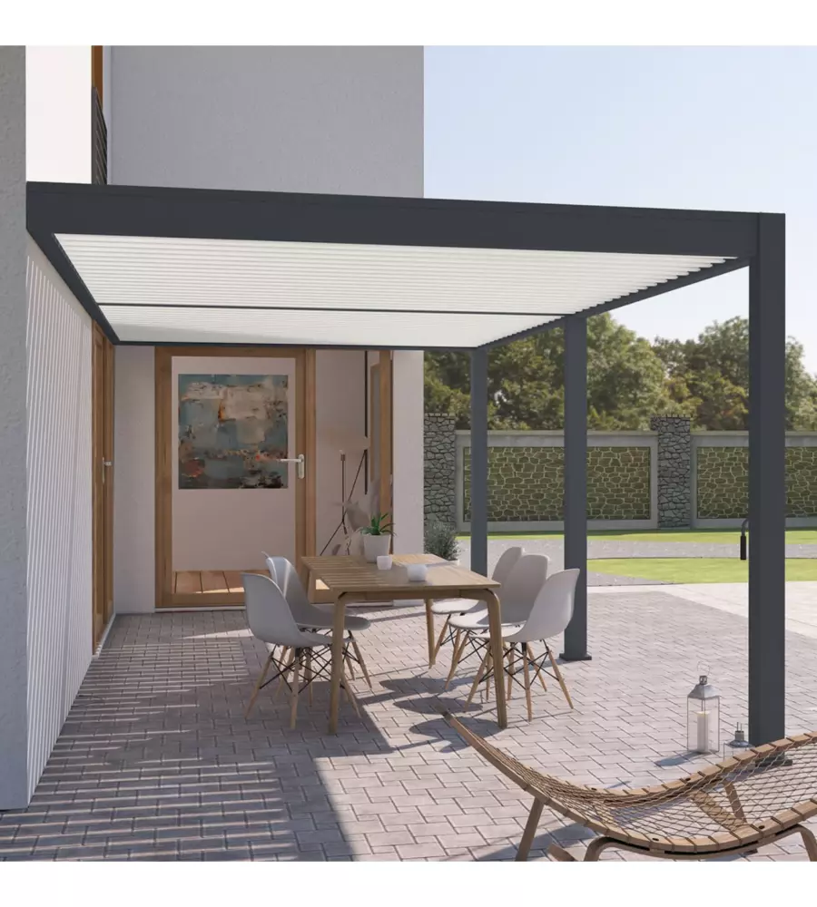 PERGOLA BIOCLIMATICA ADDOSSATA OMBRÉA "VS"  IN ALLUMINIO BIANCO E ANTRACITE 596X303X257 CM