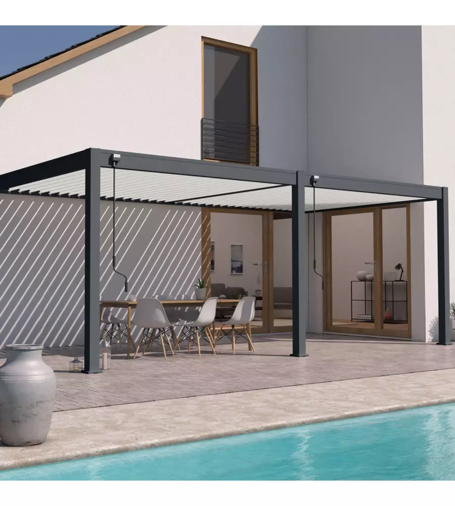 PERGOLA BIOCLIMATICA ADDOSSATA OMBRÉA "VS"  IN ALLUMINIO BIANCO E ANTRACITE 596X303X257 CM