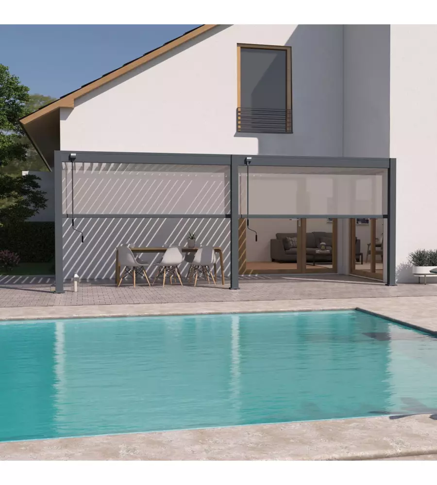 PERGOLA BIOCLIMATICA ADDOSSATA OMBRÉA "VS"  IN ALLUMINIO BIANCO E ANTRACITE 596X303X257 CM