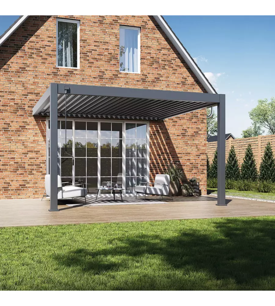 PERGOLA BIOCLIMATICA ADDOSSATA OMBRÉA "VS" IN ALLUMINIO BIANCO E ANTRACITE 399X399X255,8 CM