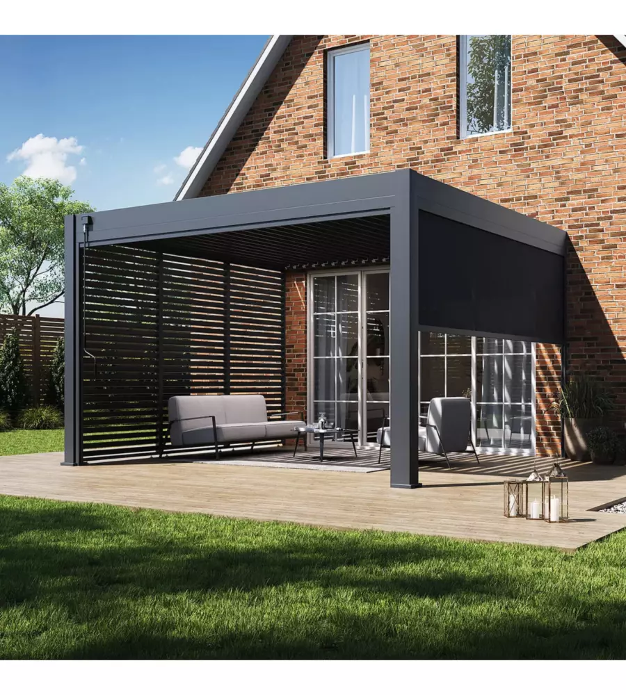 PERGOLA BIOCLIMATICA ADDOSSATA OMBRÉA "VS" IN ALLUMINIO BIANCO E ANTRACITE 399X399X255,8 CM