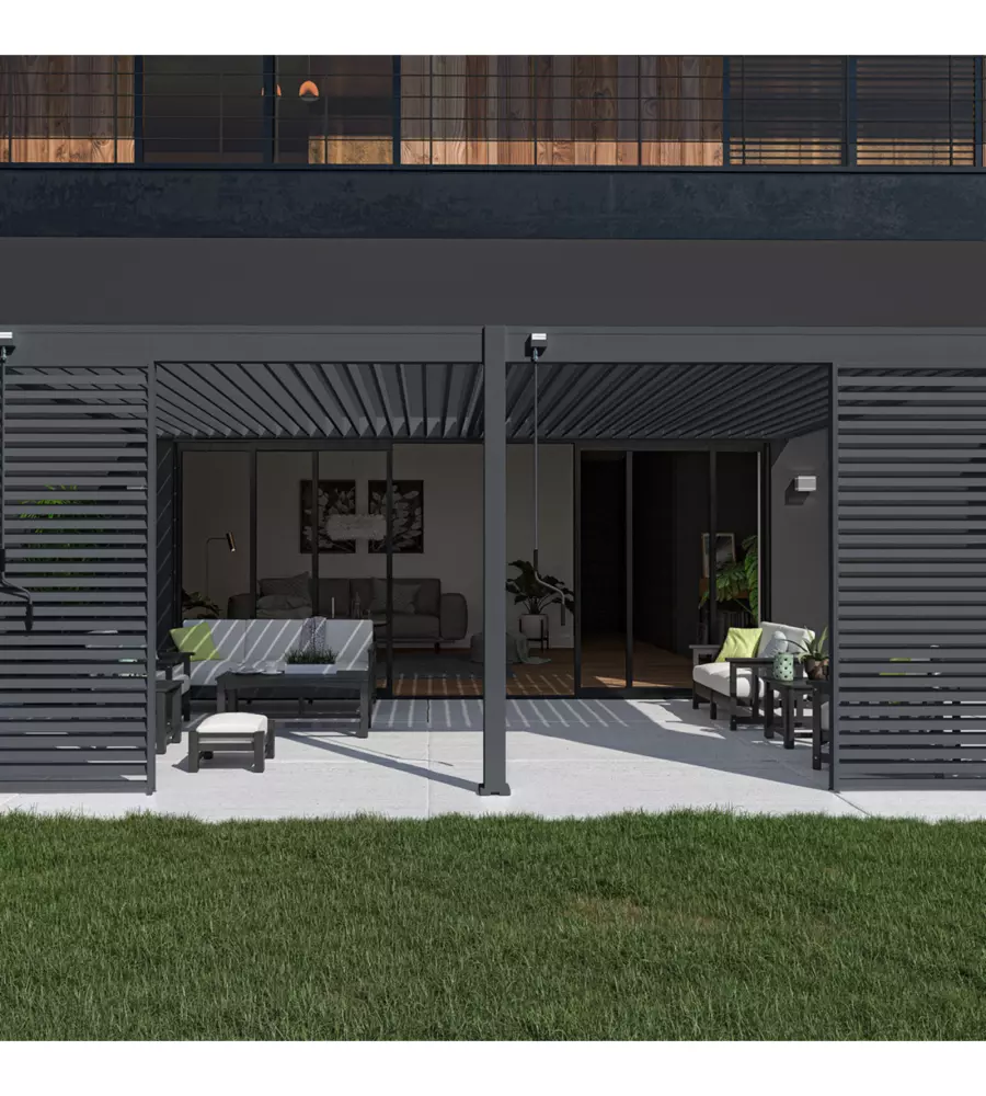 PERGOLA BIOCLIMATICA ADDOSSATA OMBRÉA "VS"  IN ALLUMINIO ANTRACITE 599X399X257 CM