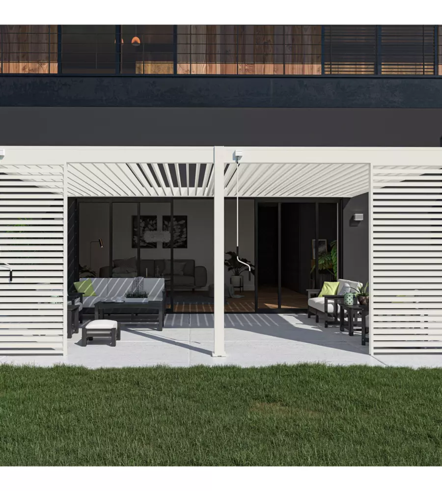 PERGOLA BIOCLIMATICA ADDOSSATA OMBRÉA "VS"  IN ALLUMINIO BIANCO 599X399X257 CM