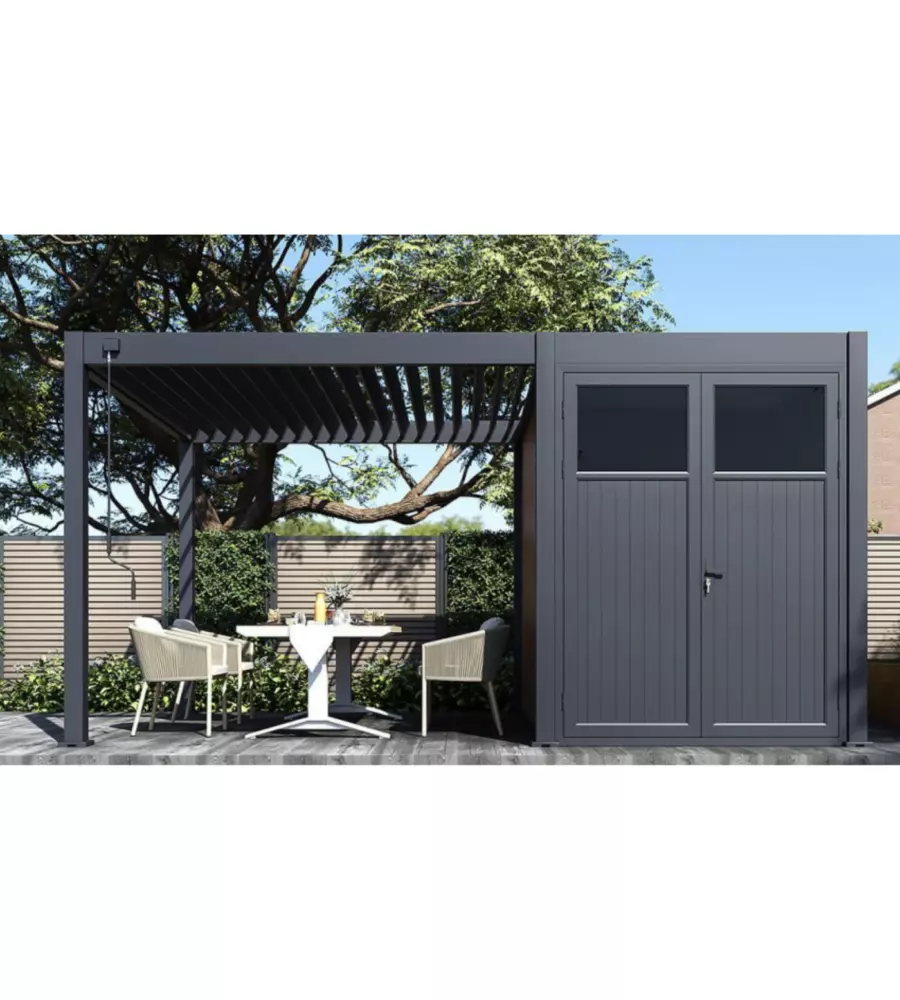 PERGOLA BIOCLIMATICA E CASETTA DA GIARDINO OMBRÉA IN ALLUMINIO ANTRACITE 5x3 MT