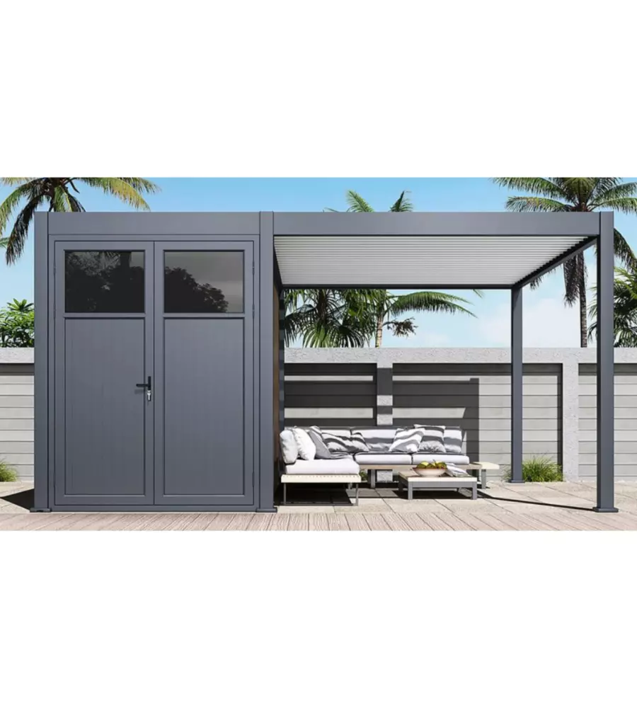 PERGOLA BIOCLIMATICA E CASETTA DA GIARDINO OMBRÉA IN ALLUMINIO ANTRACITE E BIANCO 5x4 MT