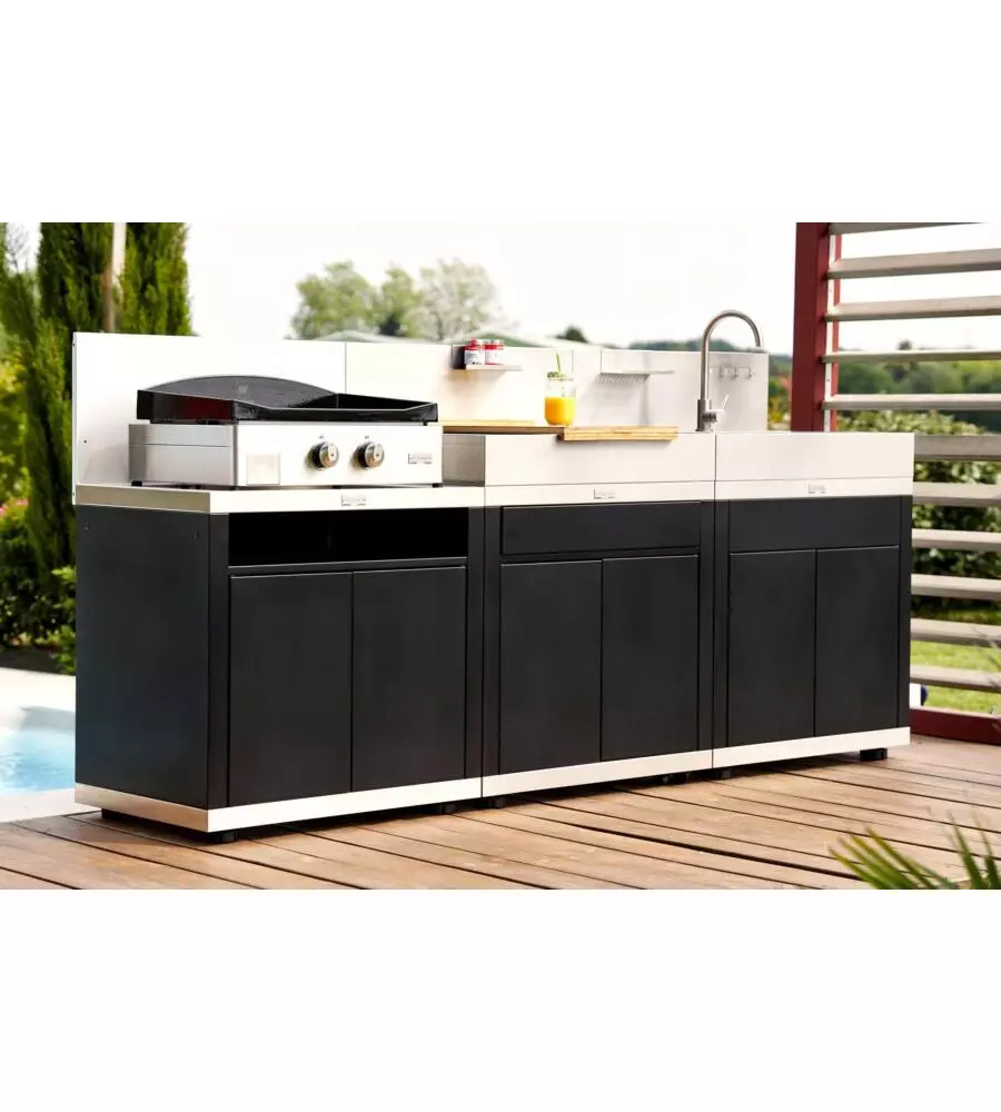 CUCINA DA ESTERNO MODULARE LE MARQUIER "LINEA 3" IN ACCIAIO INOX NERO E GRIGIO 240X55X115 CM