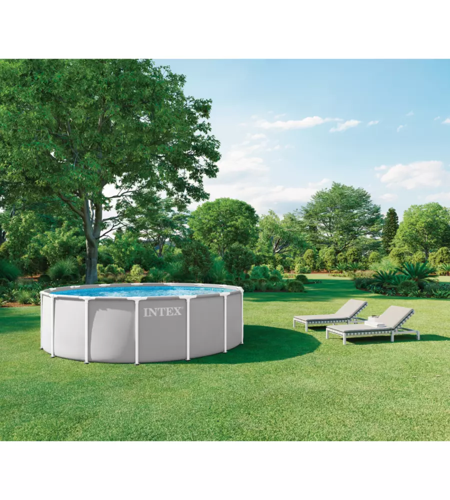 PISCINA FUORI TERRA CON STRUTTURA ROTONDA INTEX "PRISMA FRAME" CON POMPA FILTRO, SCALETTA, TELO BASE E TELO DI COPERTURA GRIGIO CHIARO 457X457X122 CM - COD. 26726ND