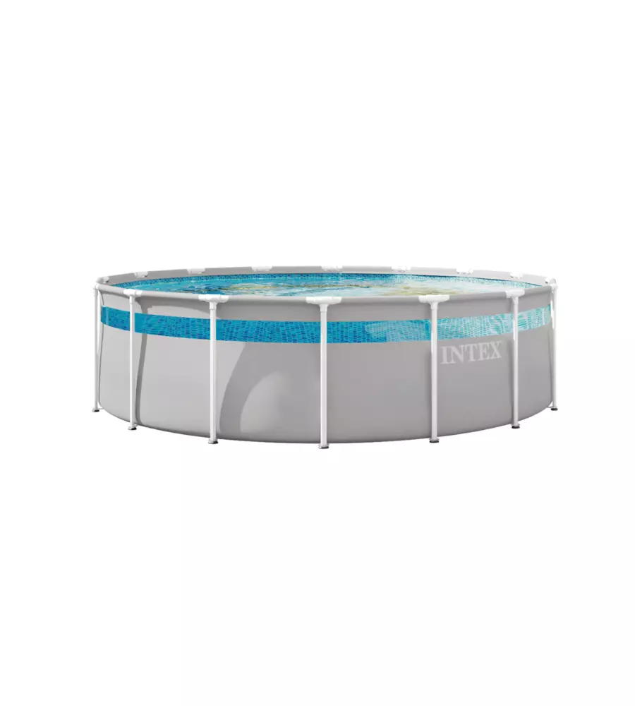 PISCINA FUORI TERRA CON STRUTTURA ROTONDA INTEX "PRISMA CLEARVIEW" CON POMPA FILTRO, SCALETTA, TELO BASE E TELO COPERTURA GRIGIO CHIARO 488X488X122 CM - COD. 26730ND