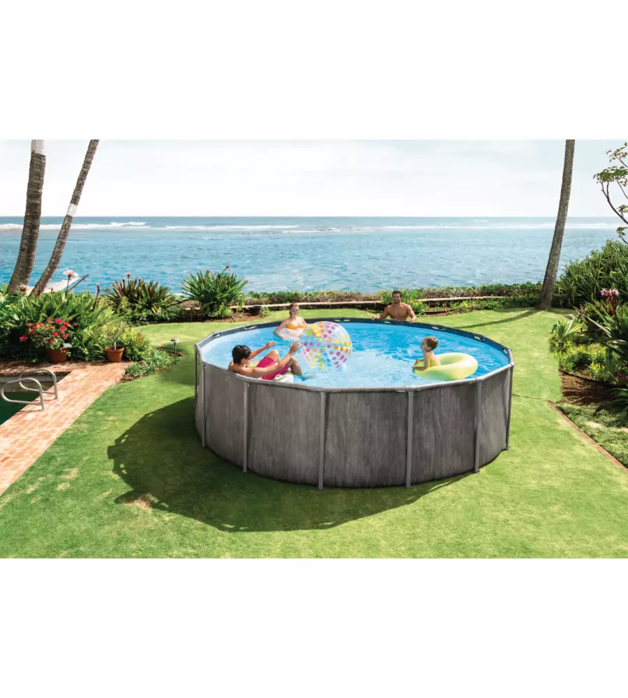 PISCINA FUORI TERRA CON STRUTTURA ROTONDA INTEX "PRISM GREYWOOD" CON POMPA FILTRO, SCALETTA, TELO BASE E TELO DI COPERTURA EFFETTO LEGNO GRIGIO 457X457X122 CM - COD. 26742ND