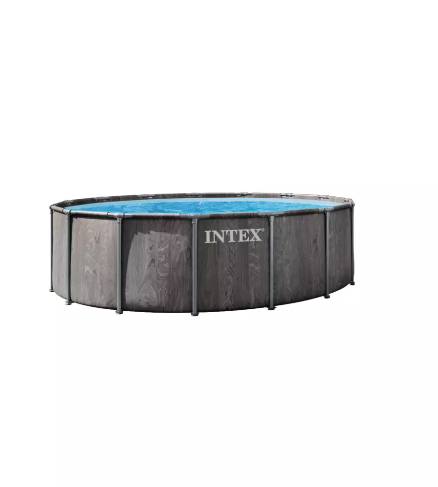 PISCINA FUORI TERRA CON STRUTTURA ROTONDA INTEX "PRISM GREYWOOD" CON POMPA FILTRO, SCALETTA, TELO BASE E TELO DI COPERTURA EFFETTO LEGNO GRIGIO 457X457X122 CM - COD. 26742ND